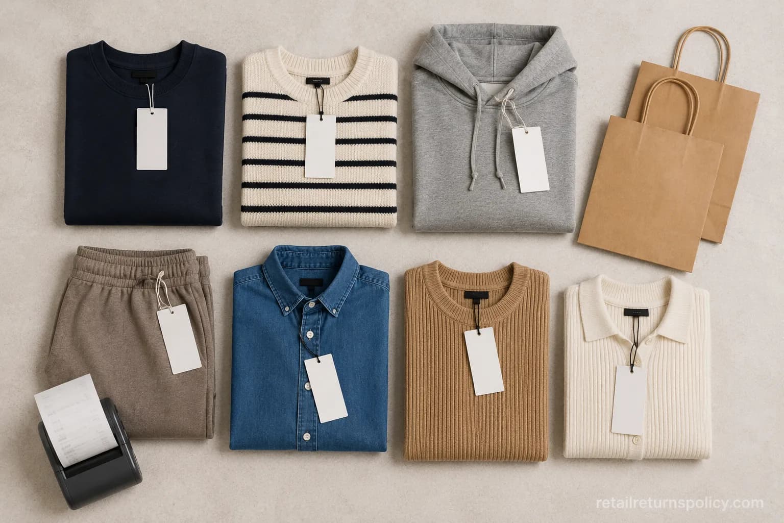 Folded garments from several apparel brands arranged for a no-receipt return comparison.