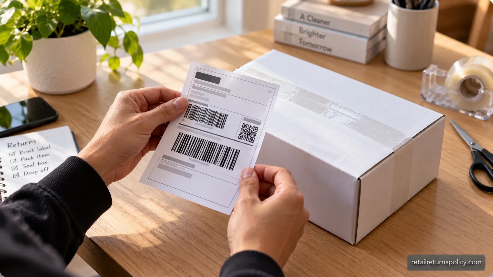 Apple prepaid return shipping label held over a sealed return box