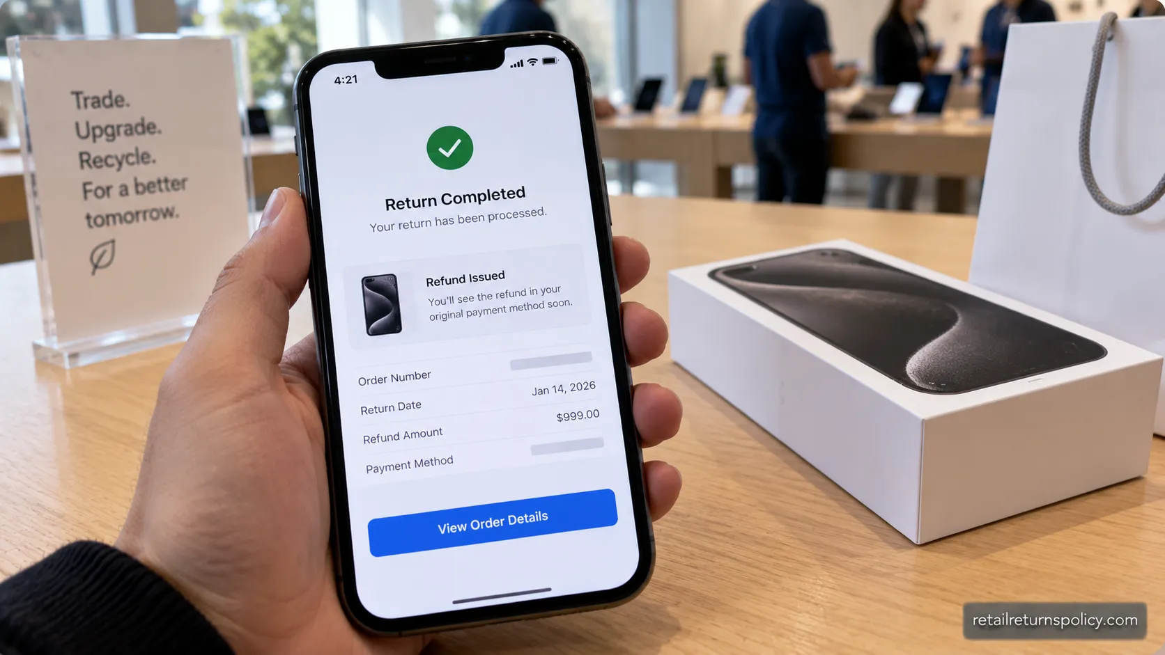 Completed Apple return confirmation showing a full refund at the store counter.