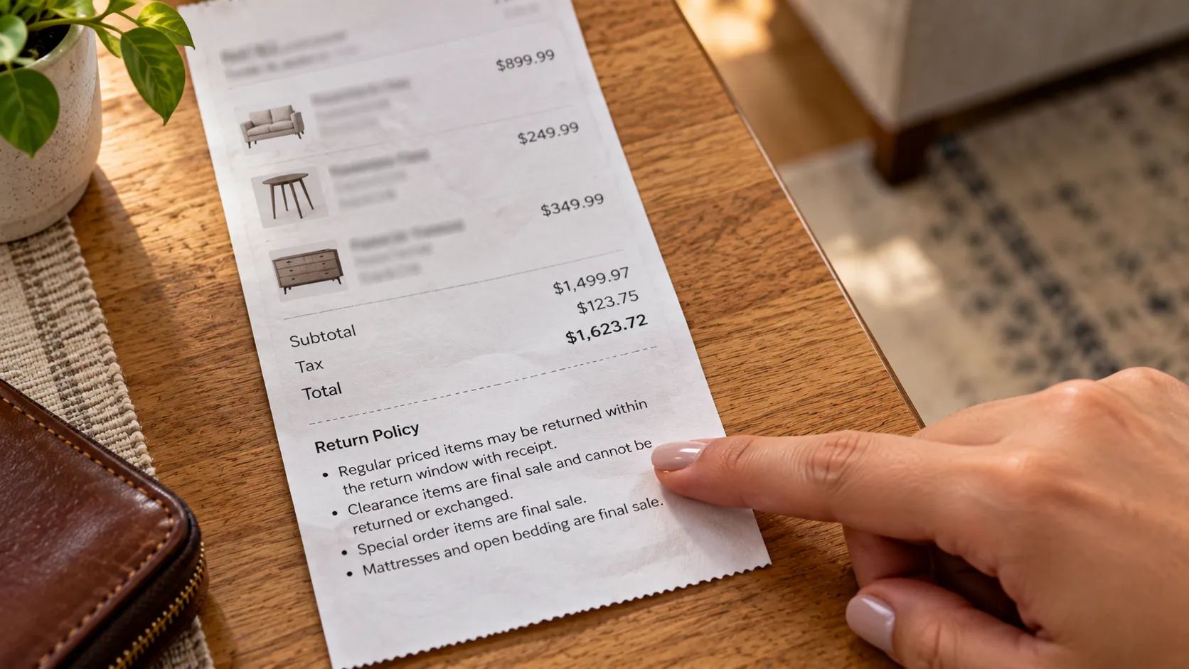 A hand pointing to final-sale return terms in the fine print of a furniture store receipt.