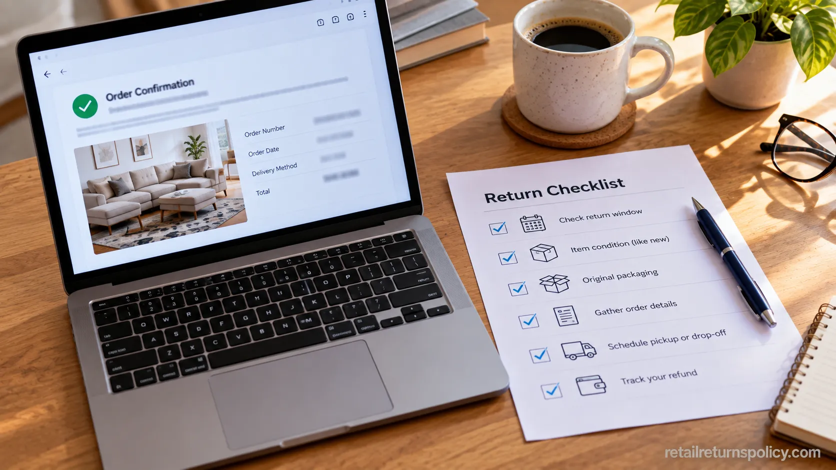 Desk with a laptop order confirmation and a printed Ashley Furniture return checklist.