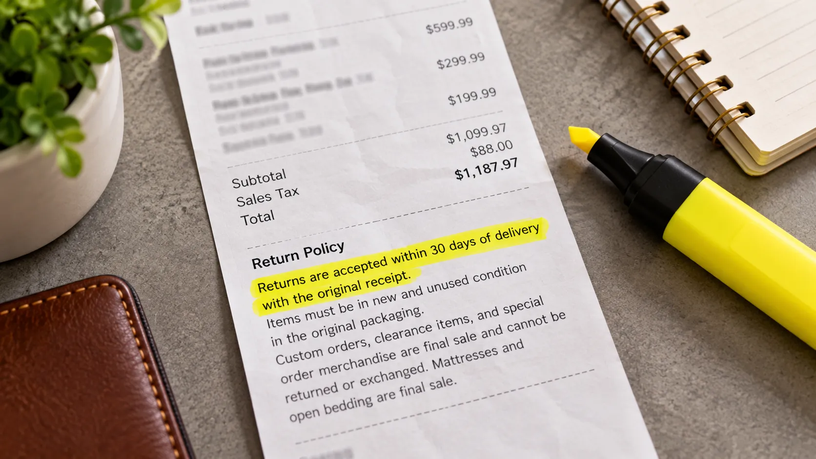 A furniture store receipt with the printed return terms highlighted in yellow marker.
