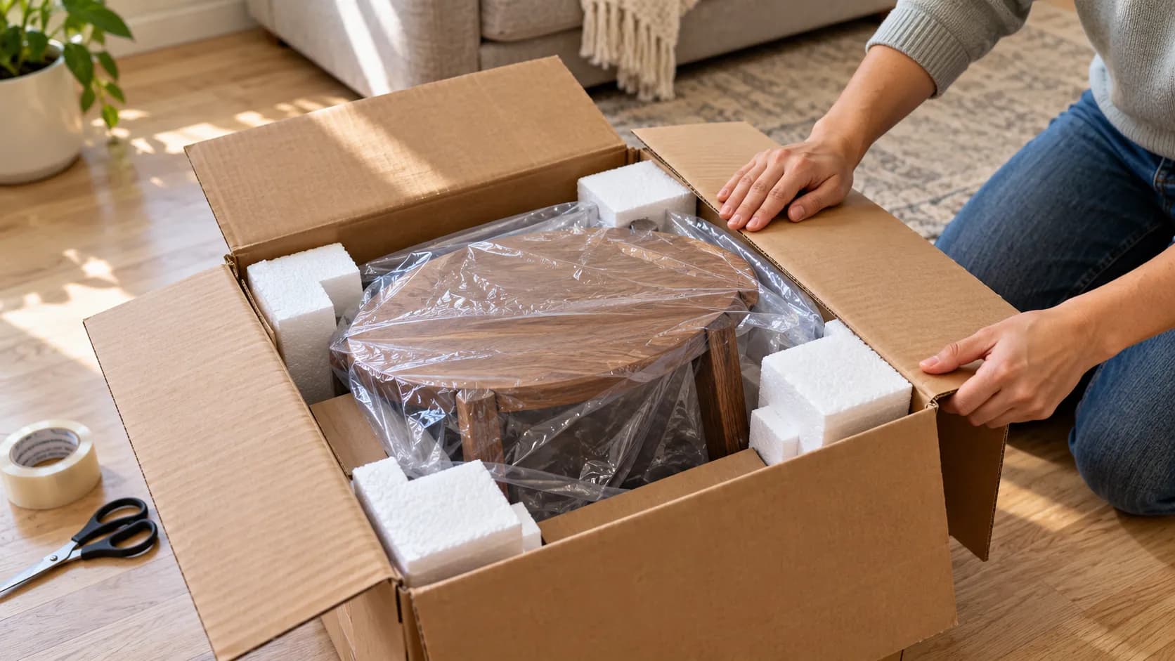 Hands repacking a wooden accent table into its original Ashley Furniture box with foam corner protectors.