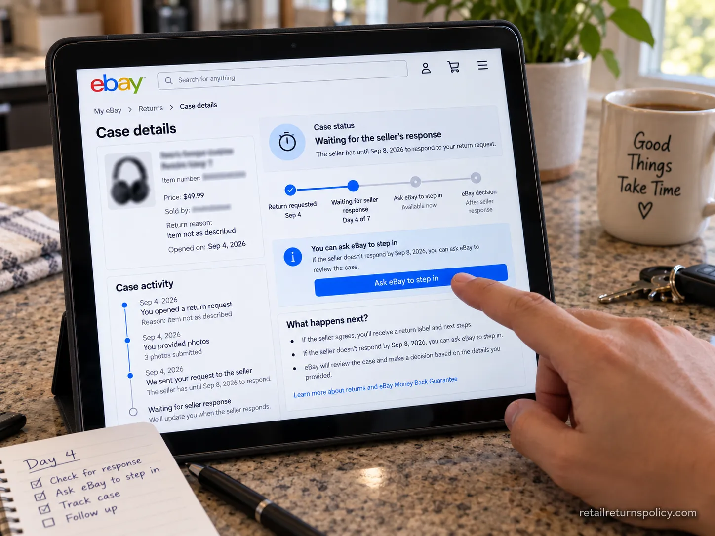 eBay case showing the Ask eBay to step in button active on day four of an open return
