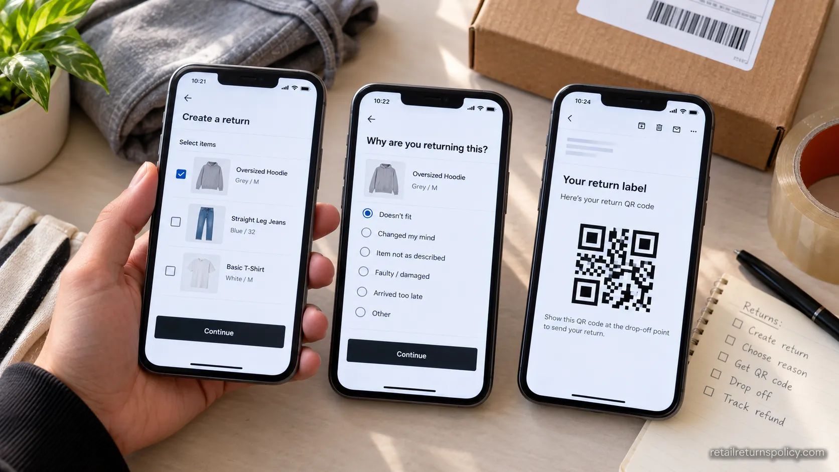 Step-by-step ASOS app screens for creating a return and receiving a QR code.