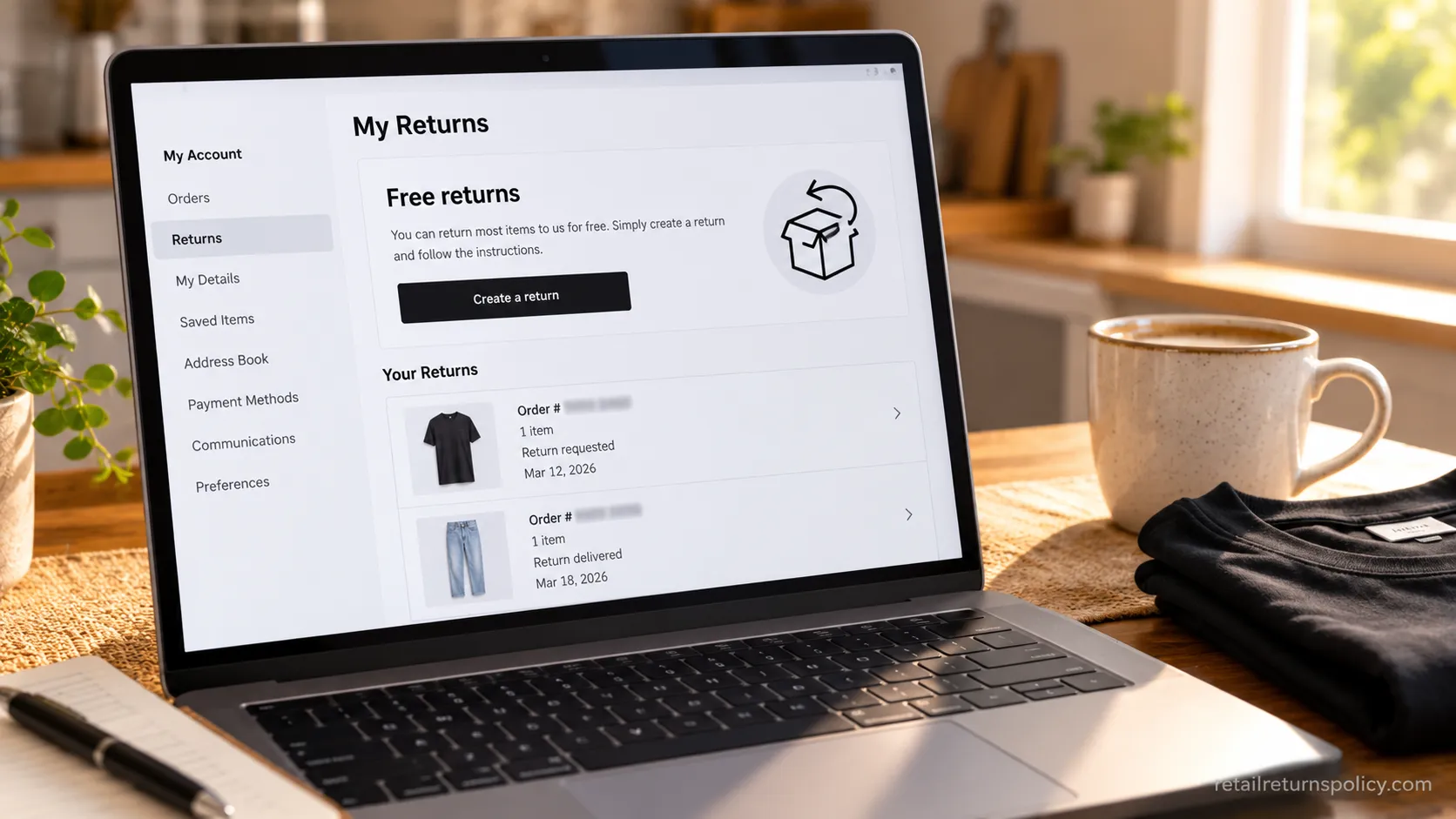 ASOS returns page for a normal account showing free returns and no Fair Use fee message