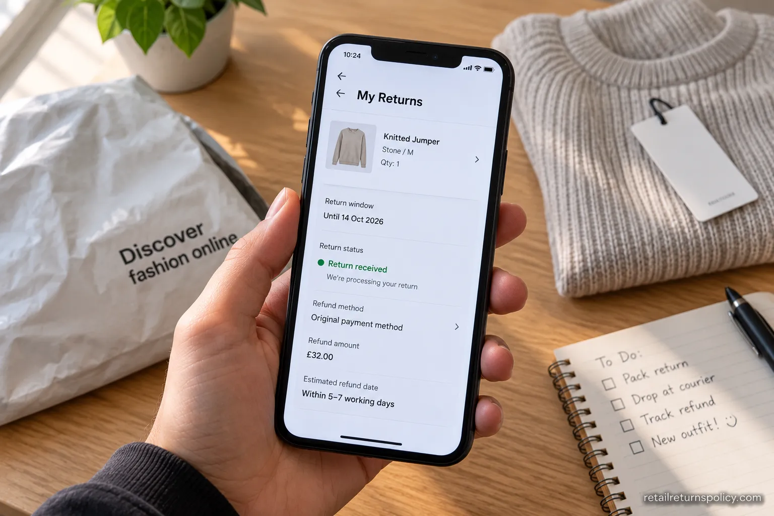 ASOS My Returns screen showing a real order’s return window, refund method and status