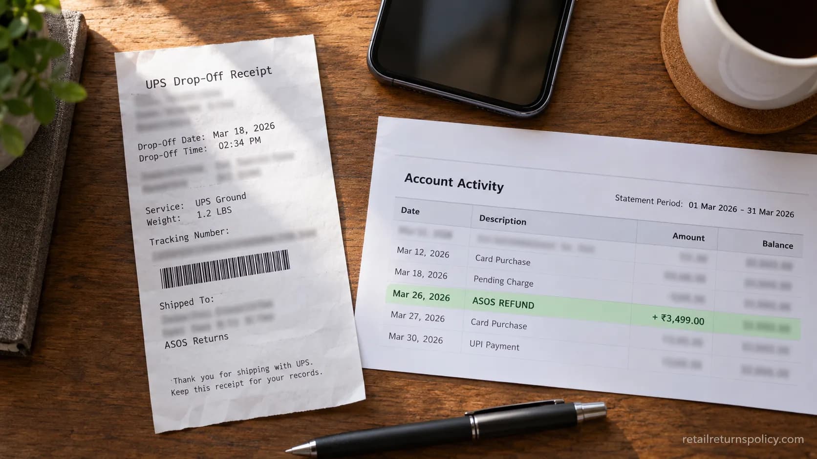 Dated ASOS refund timeline from a UPS drop-off receipt to the bank credit line.