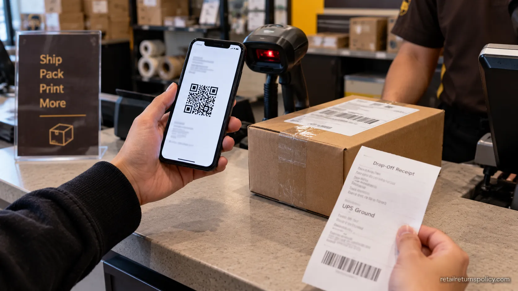 ASOS return QR code shown on a phone at a UPS Ground drop-off counter with a parcel and receipt