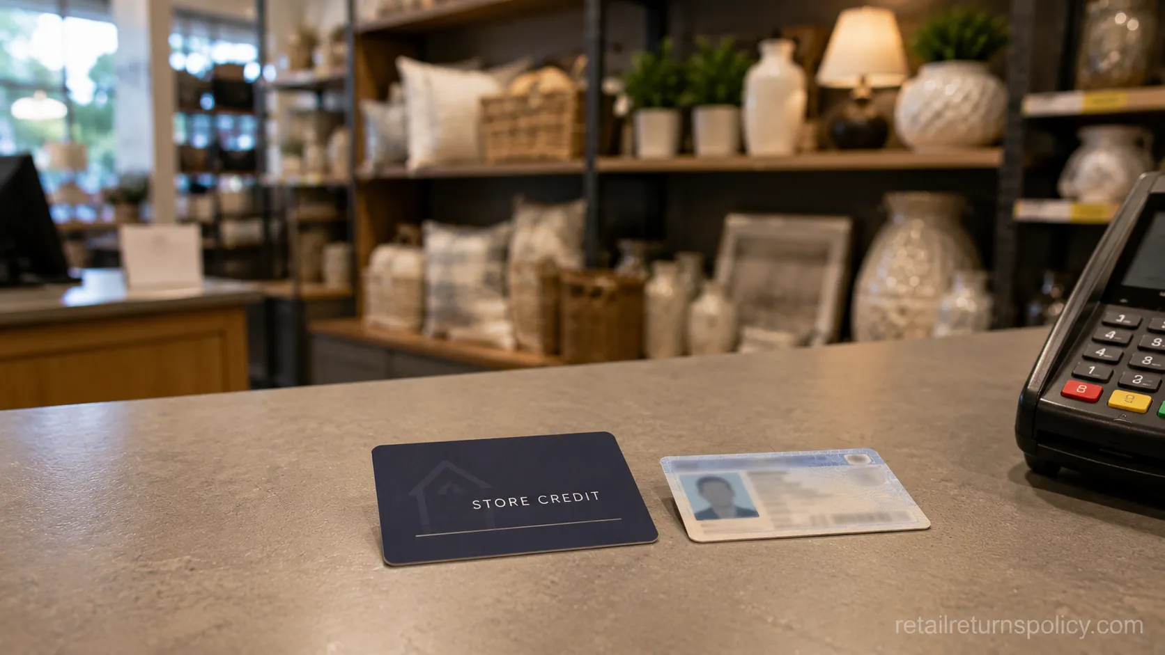 At Home store-credit card and ID on a service desk, showing store credit at the current price for a no-receipt return.
