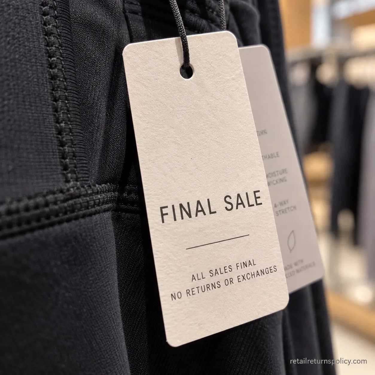 Close-up of a Final Sale hangtag on an Athleta garment that cannot be returned.