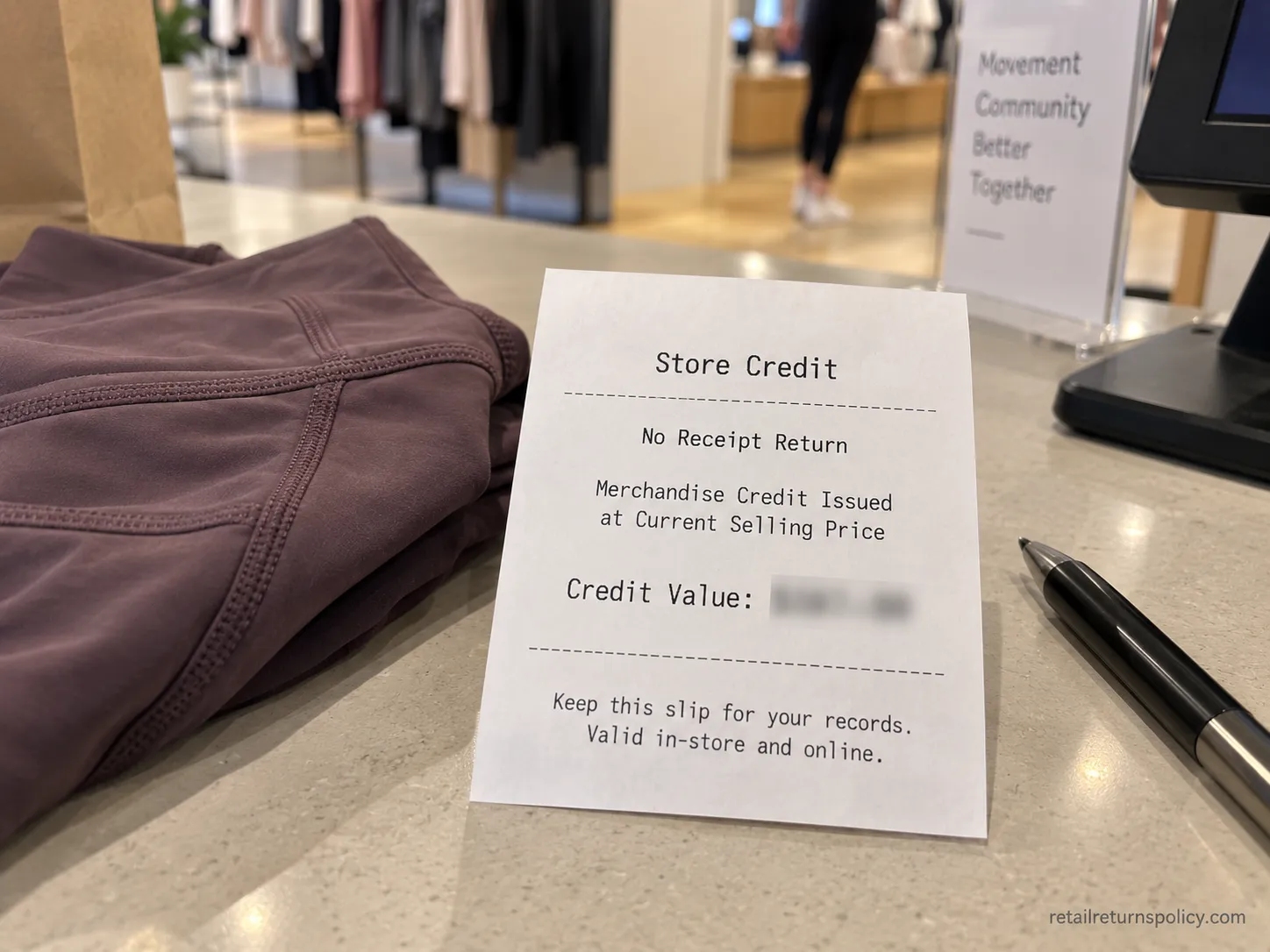 Store credit slip issued for a no-receipt Athleta return at the current selling price.