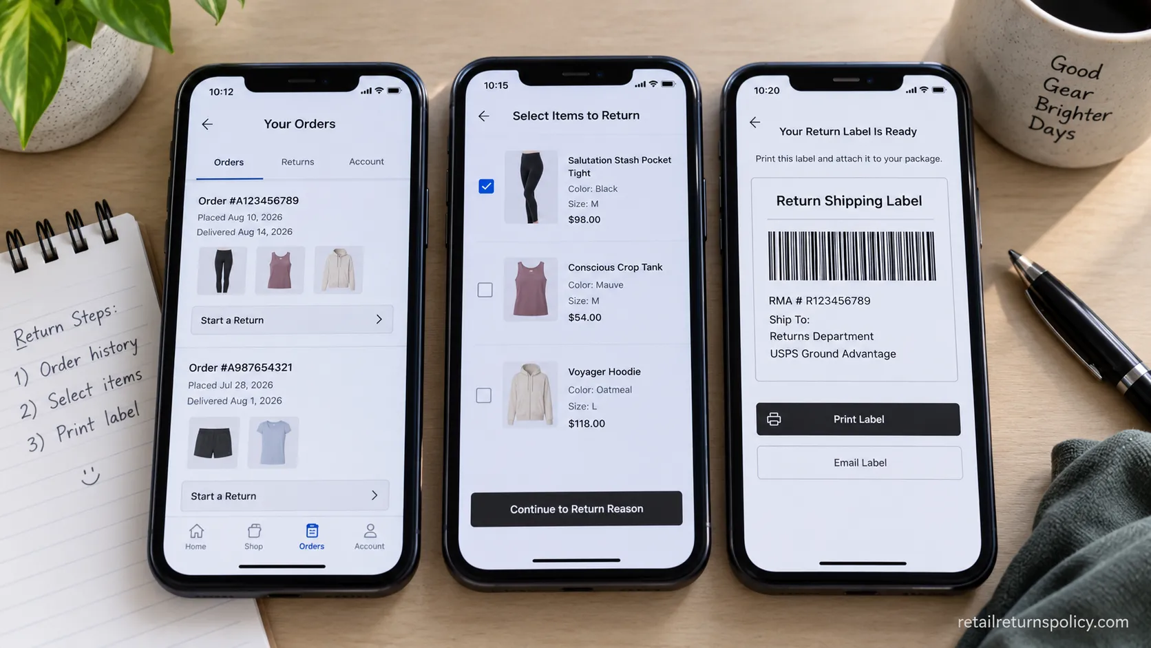 Three phone screenshots showing Athleta’s online return flow from order history to shipping label.
