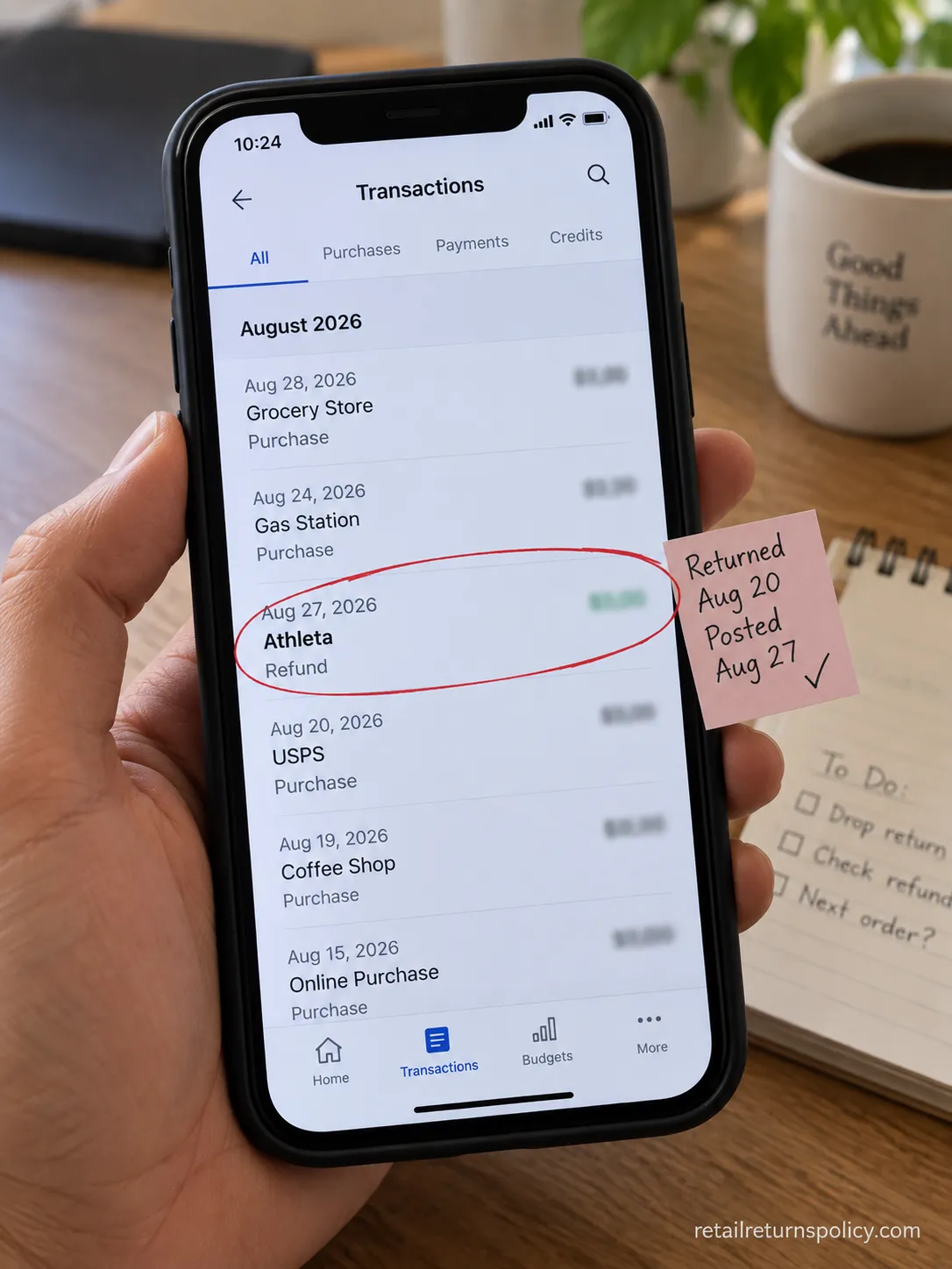 Banking app statement showing an Athleta refund line with the posting date highlighted.