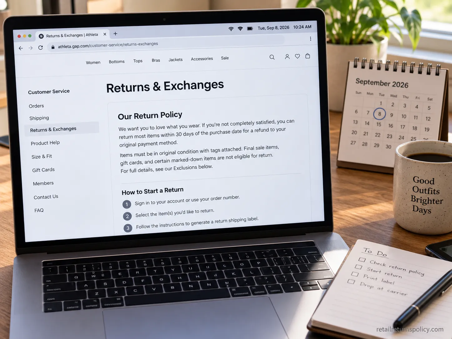 Athleta return policy page shown on a laptop dated to confirm the 2026 30-day window.