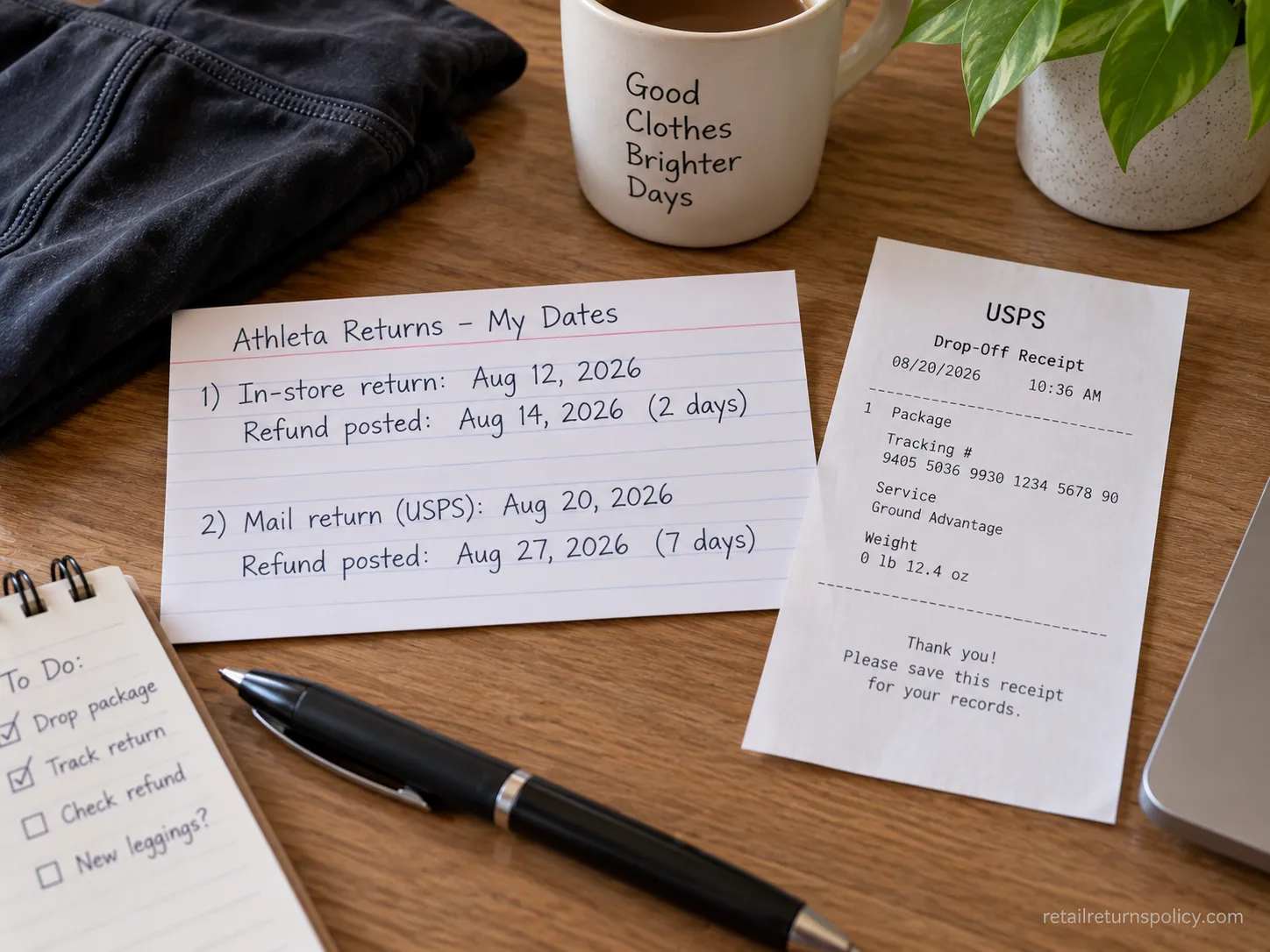 Dated card comparing Athleta in-store and mail return refund posting times.