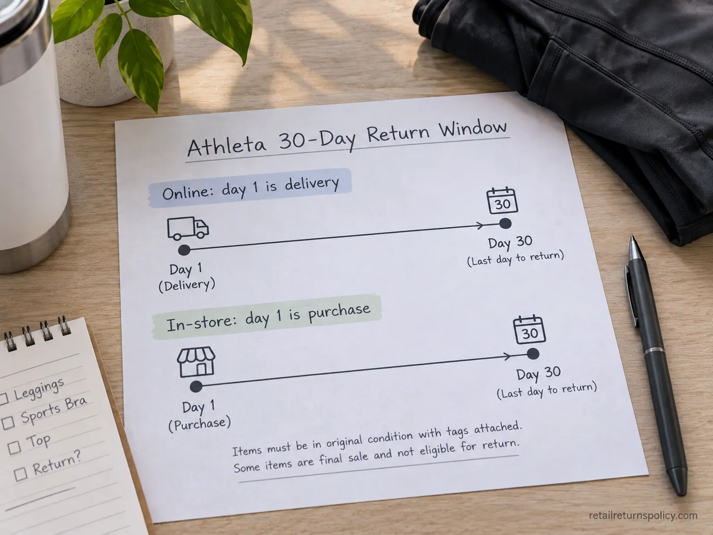 Timeline showing Athleta’s 30-day return window starting at delivery for online and purchase for in-store.