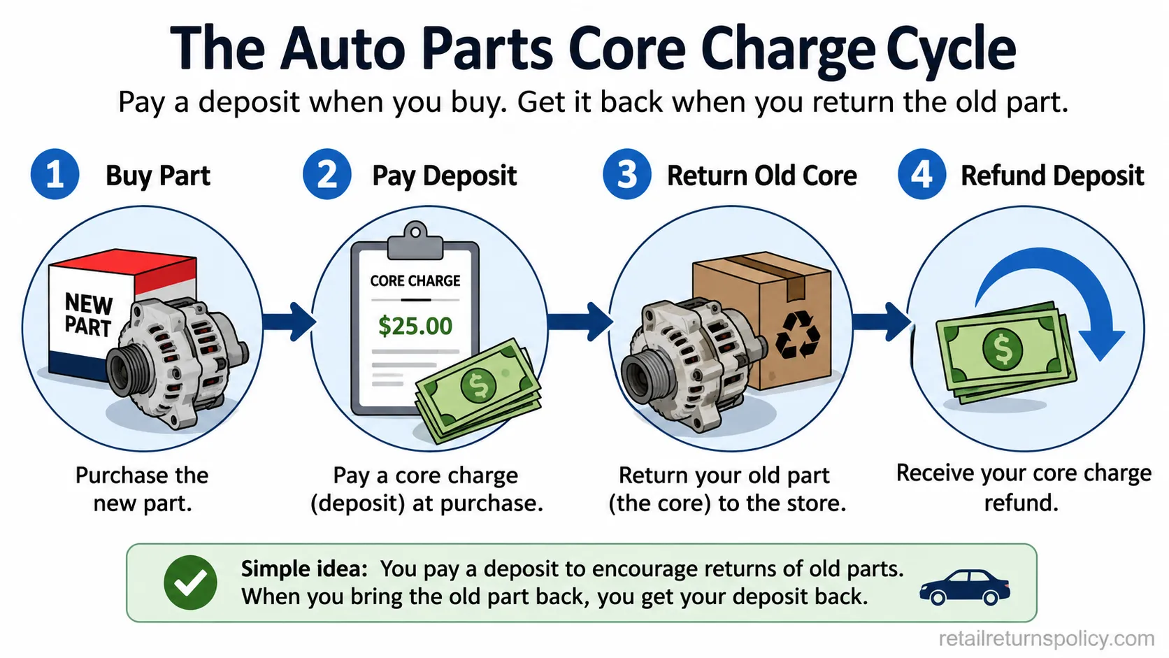 Diagram of the auto parts core charge deposit and refund cycle