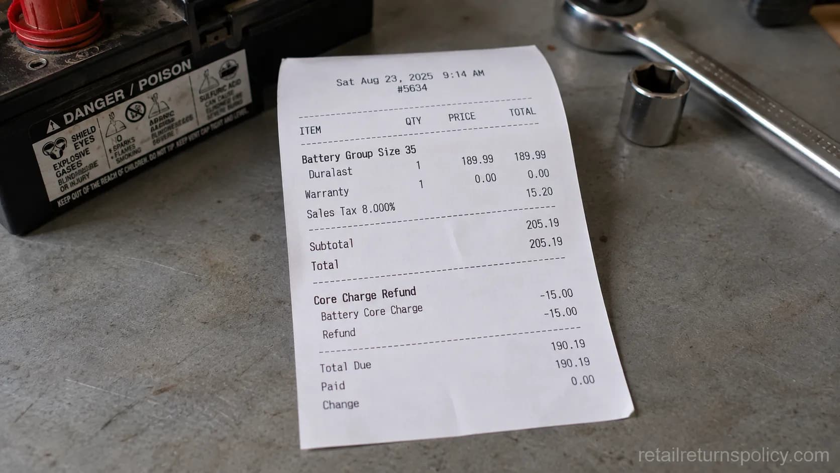 AutoZone receipt showing a refunded core charge after a no-receipt core return.