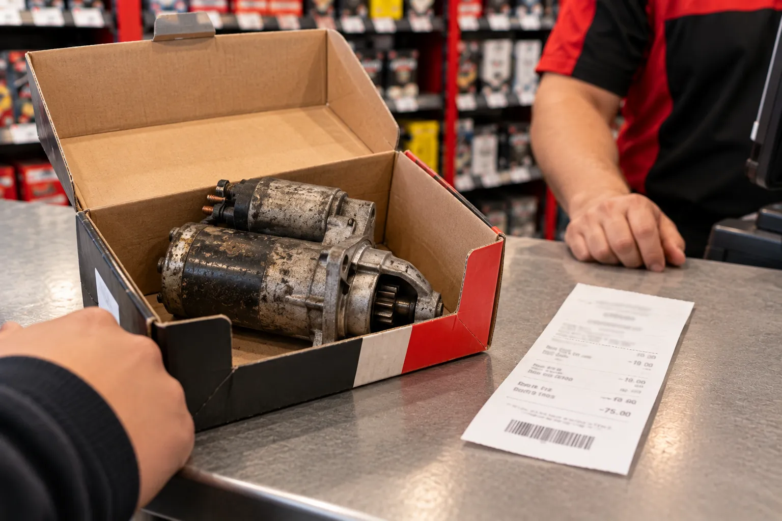 Old starter core inside the new part’s box beside a core-refund receipt on a counter.