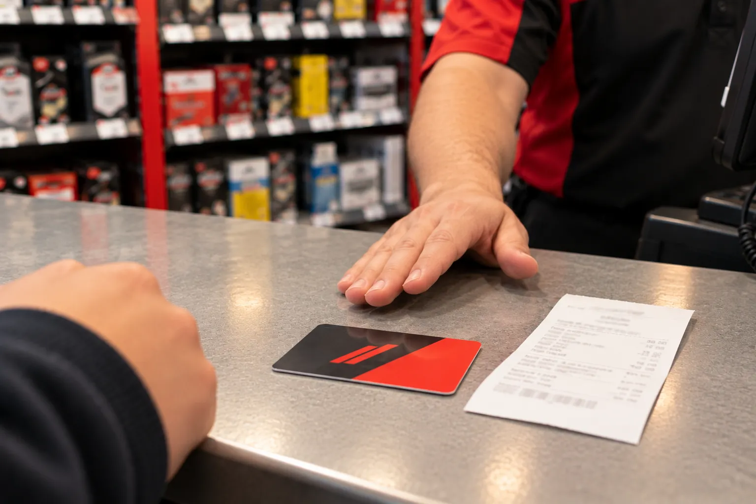 Unused gift card and receipt on a counter after a declined final-sale return.
