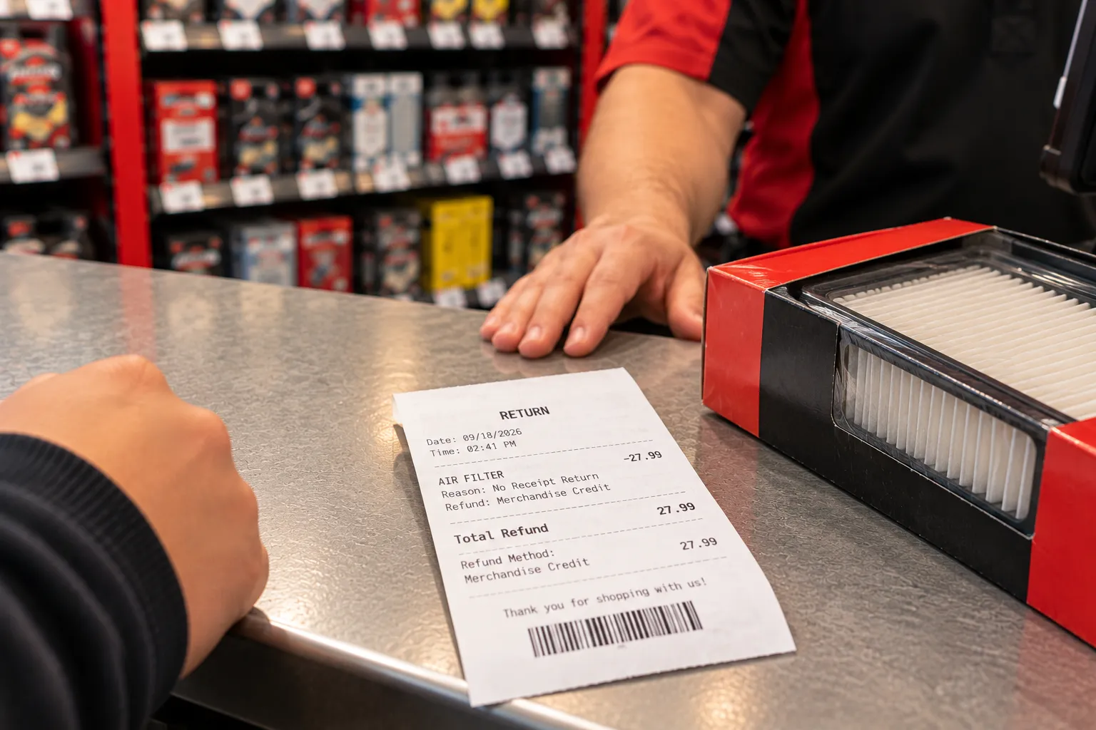 Return receipt from a no-receipt AutoZone return next to a sealed part box.