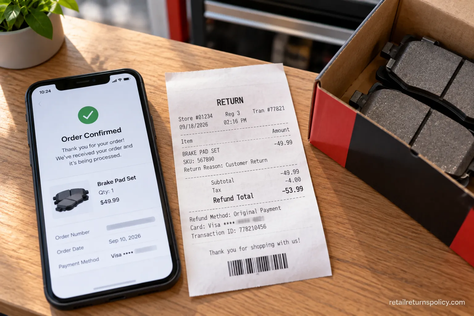 Phone with an online order confirmation next to a printed in-store refund receipt.