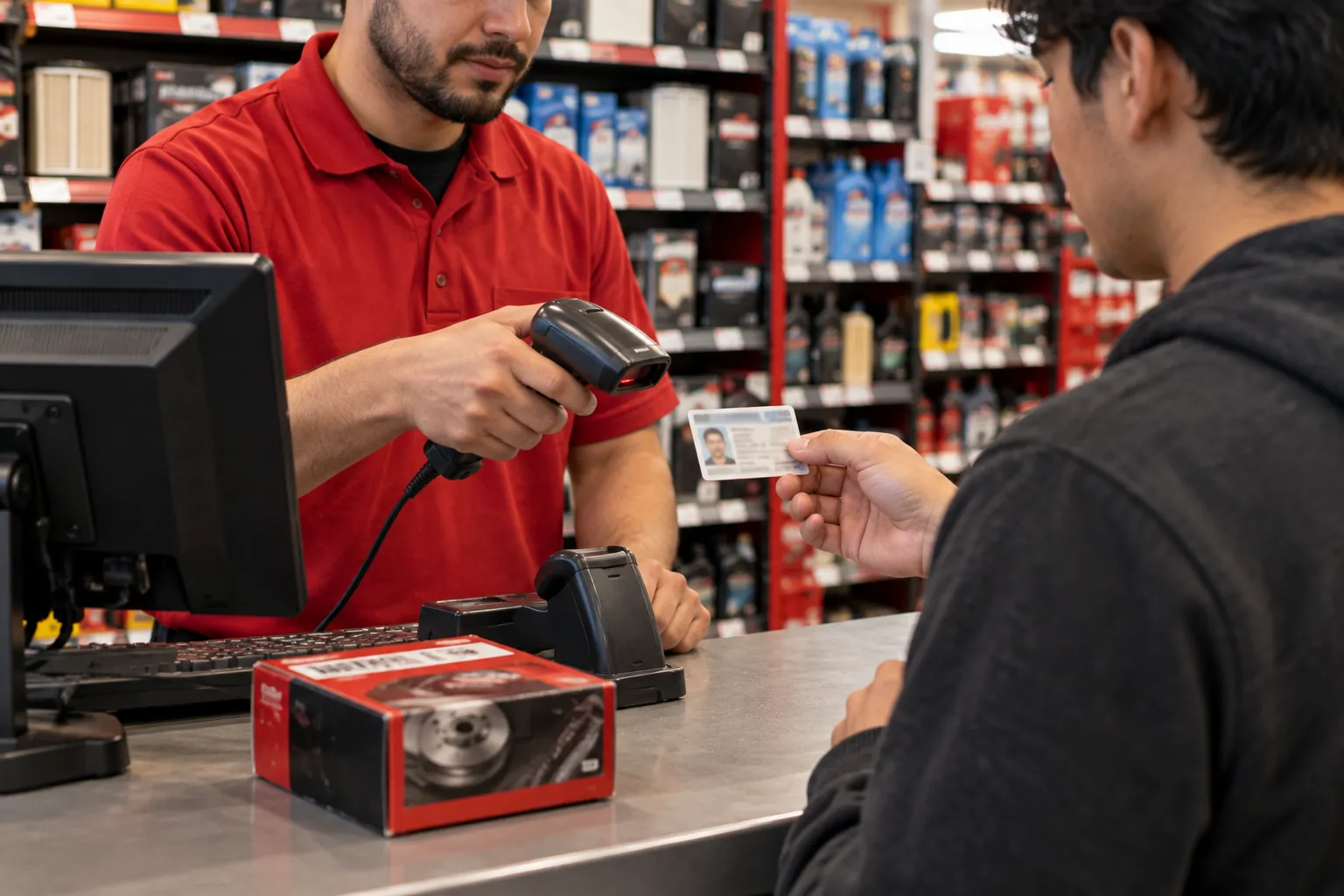 Associate checking a customer photo ID during a no-receipt return at an auto-parts counter.