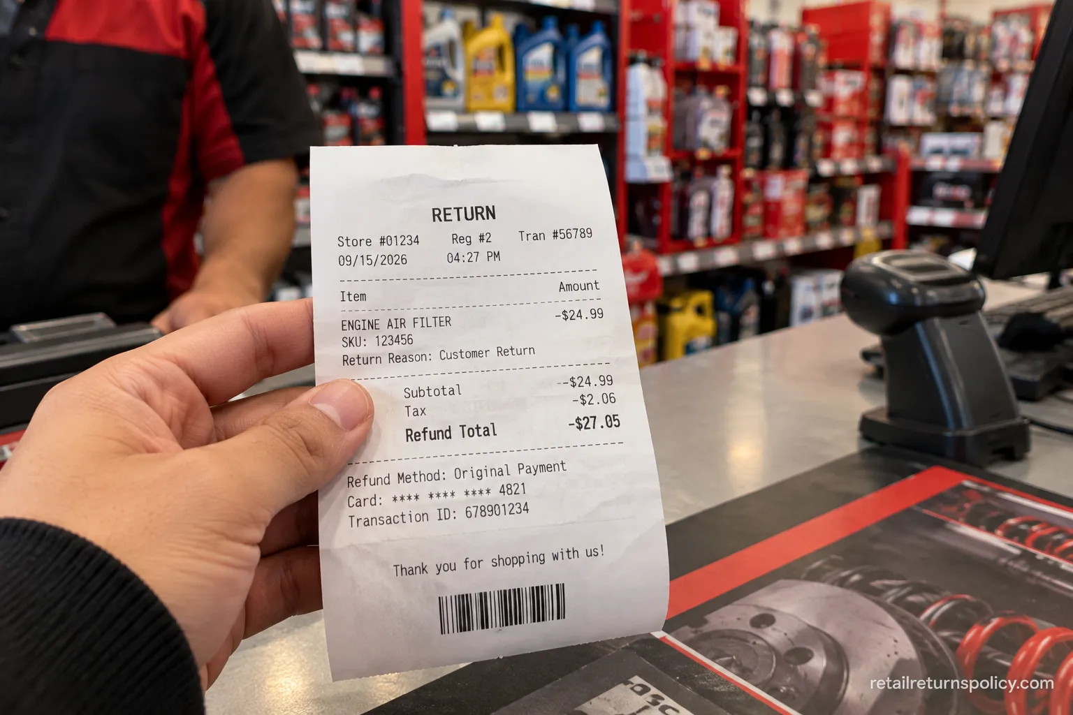 Hand holding a dated AutoZone return receipt showing the refund line at the counter.