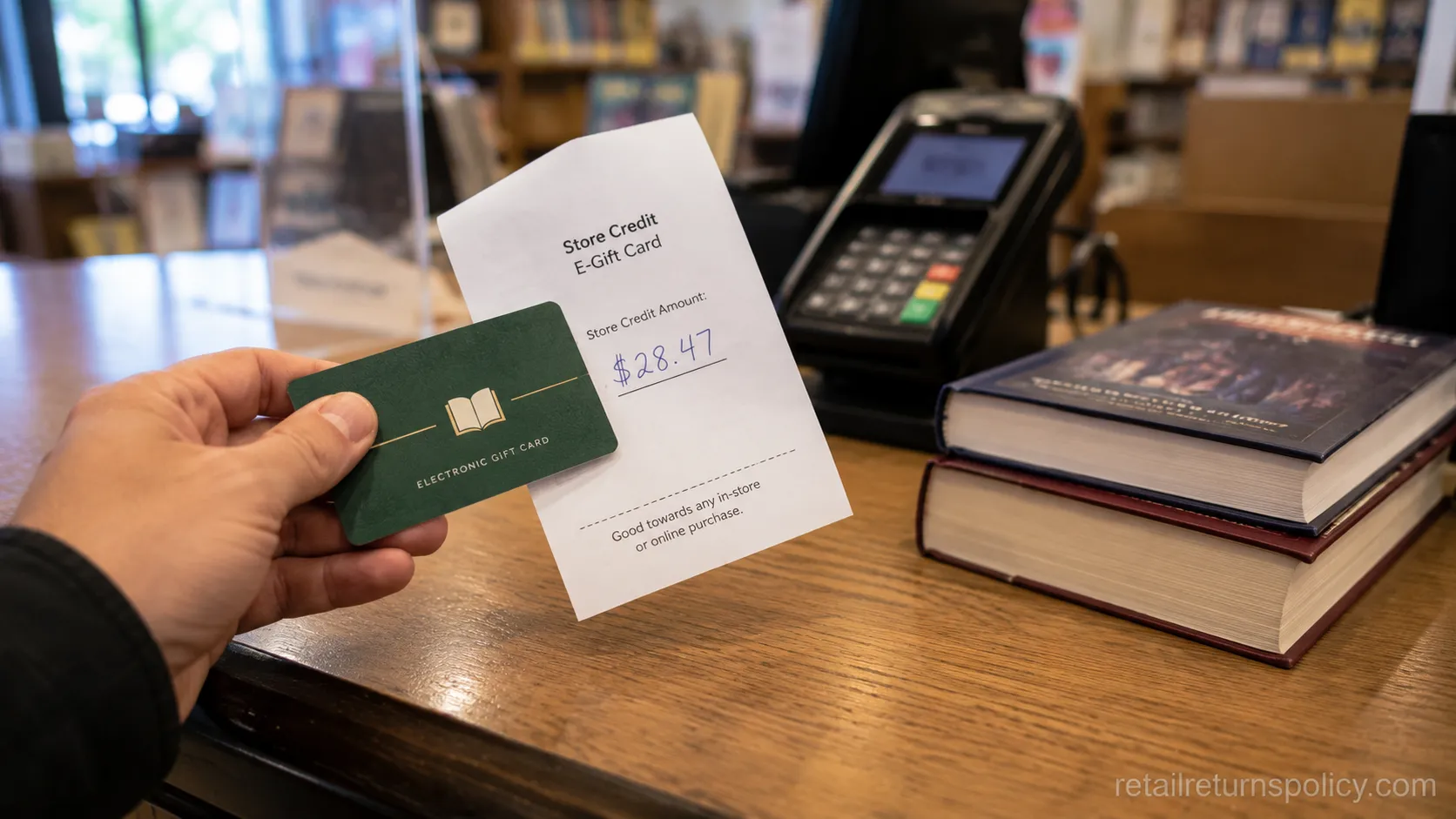 Barnes & Noble e-gift card store credit issued for a no-receipt return, held over a service counter.
