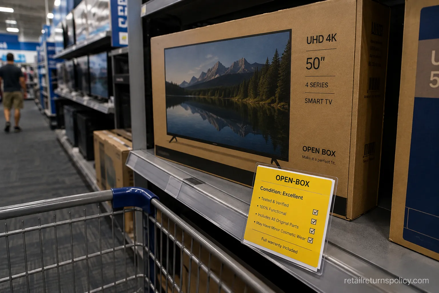 Open-box Excellent-grade television on a Best Buy shelf with its condition tag.