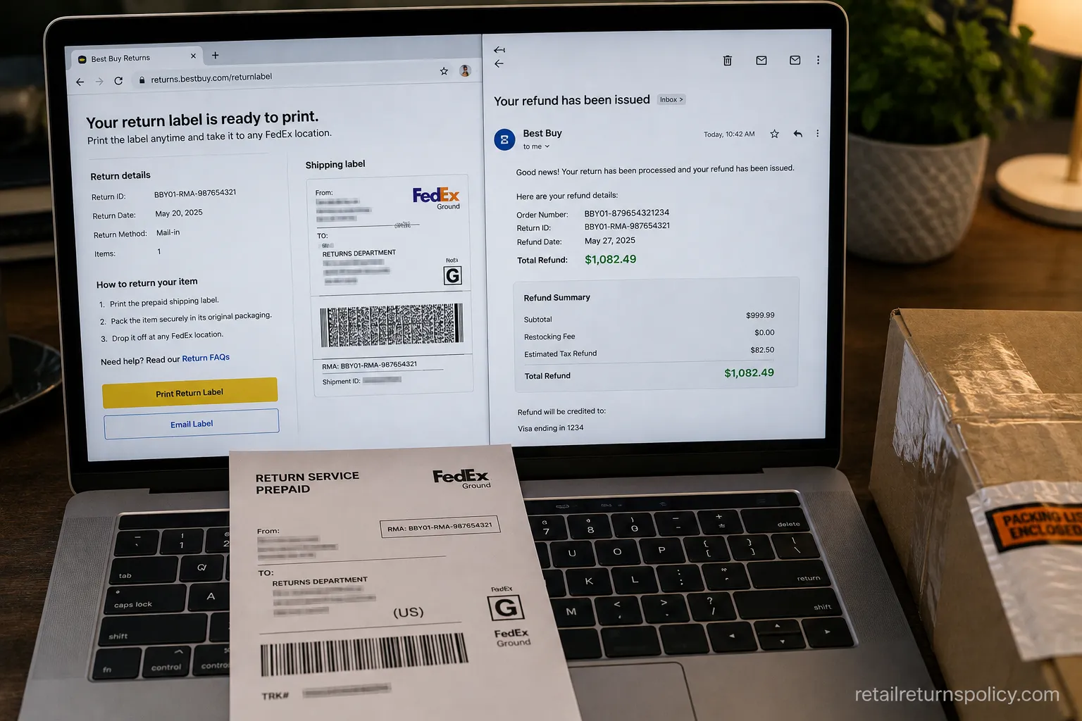 Best Buy prepaid FedEx return label on screen beside a packed return parcel.