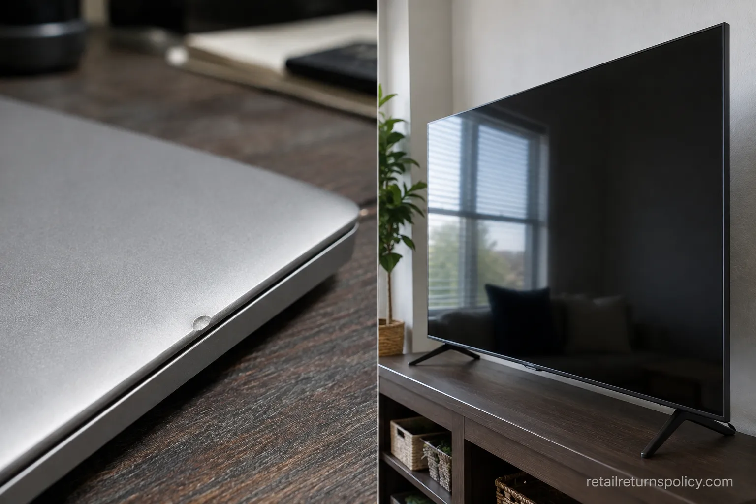 Nicked open-box laptop lid beside a flawless open-box television panel.
