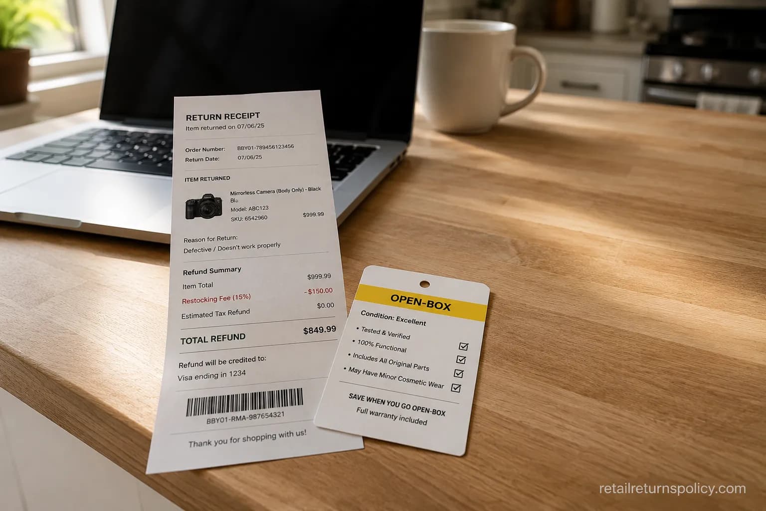 Best Buy open-box return receipt and condition tag beside a laptop.