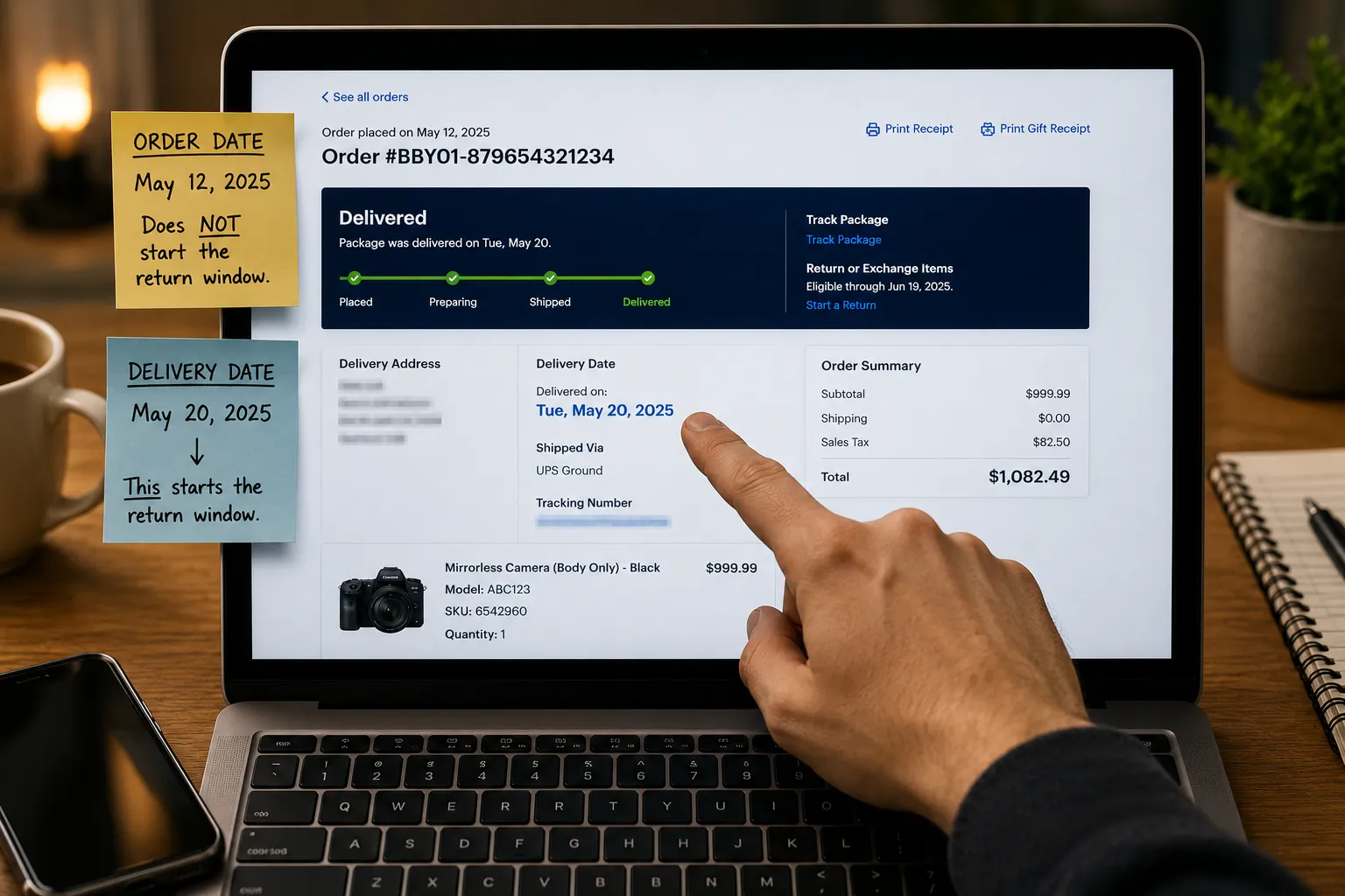 Best Buy order page showing the delivery date that starts the open-box return window