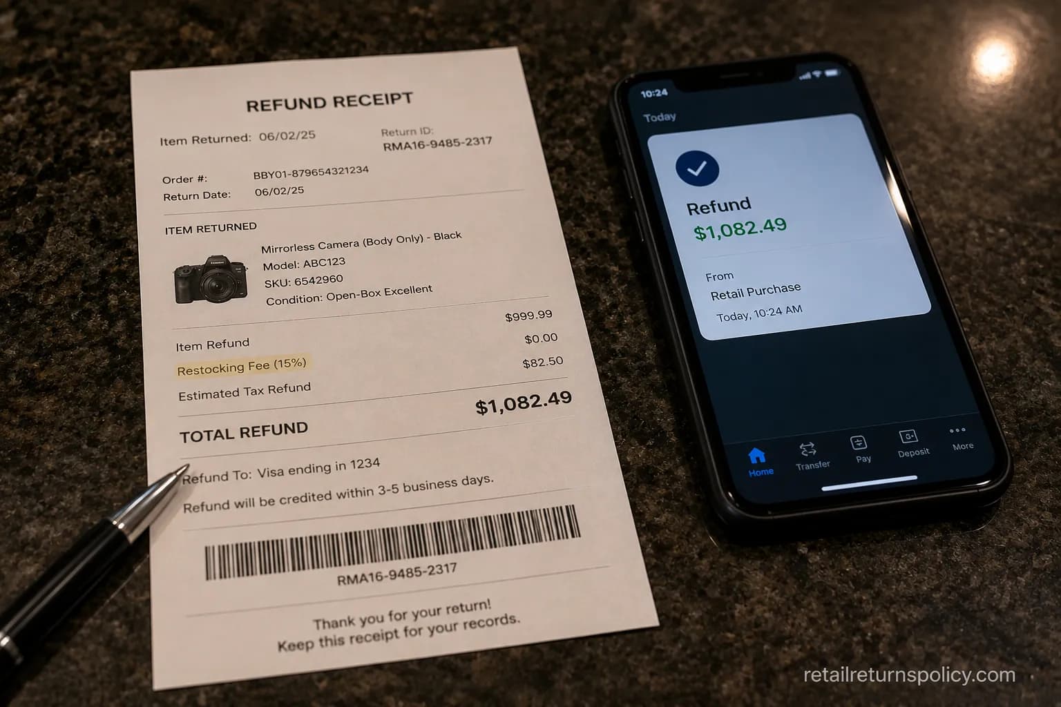 Best Buy refund receipt showing no restocking fee on an open-box return.