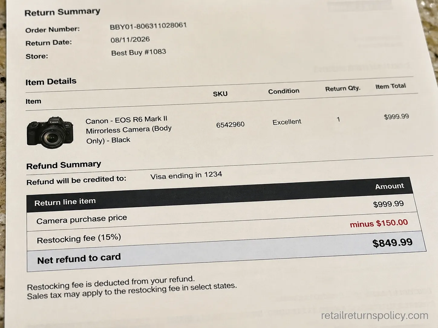 Best Buy camera return ledger showing a 15% restocking fee of $150 and a net refund of $849.99 from a $999.99 purchase