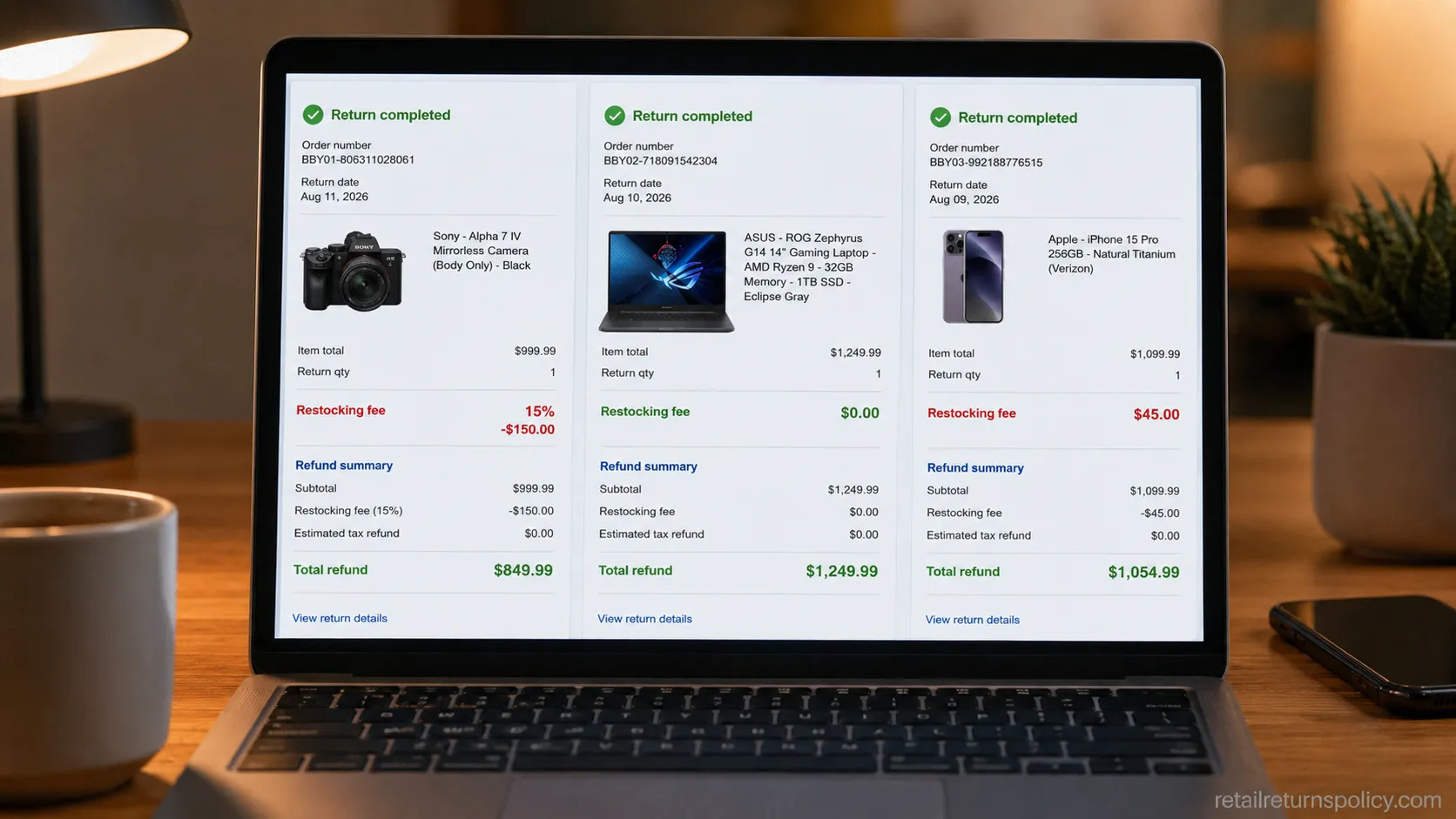 Three Best Buy return confirmations comparing restocking fees for a camera, laptop, and phone, showing 15%, $0, and $45 fee outcomes