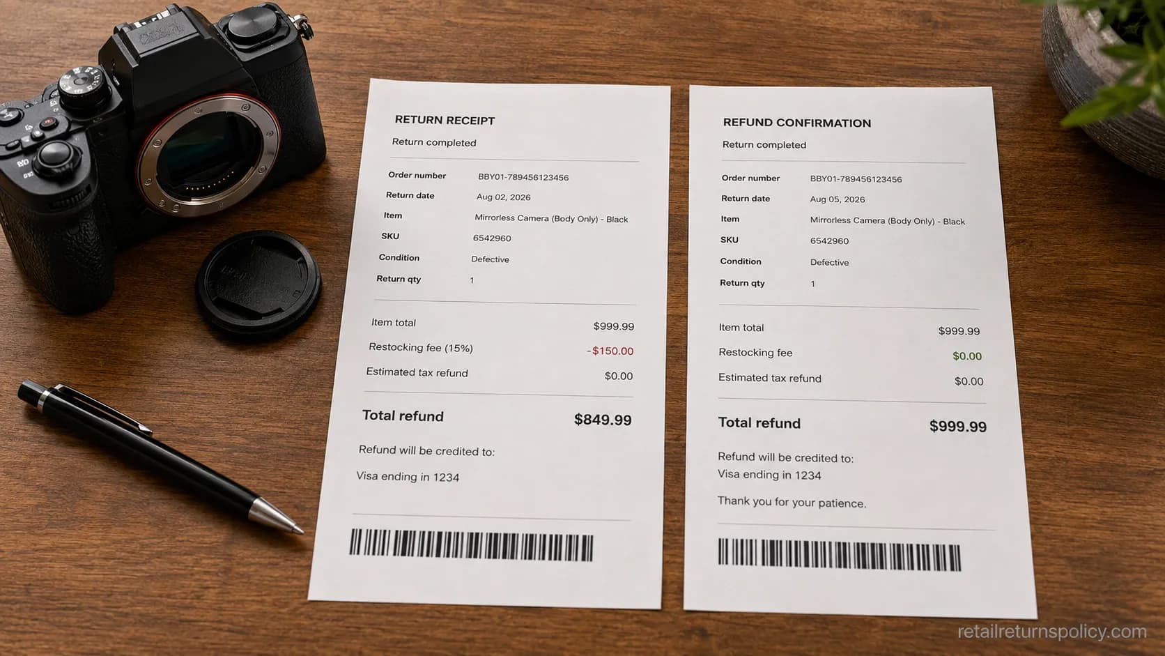 Best Buy return receipts showing a 15% restocking fee first charged then reversed after a defective camera return dispute