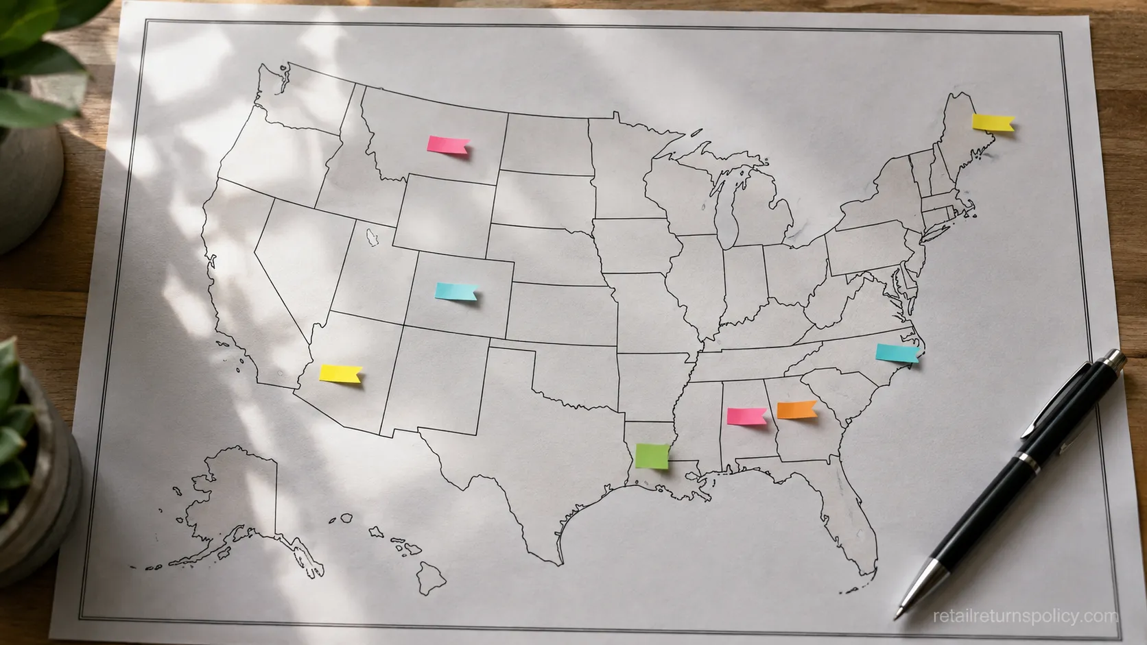 Paper US map with eight states marked to illustrate regions where Best Buy restocking fees may not apply