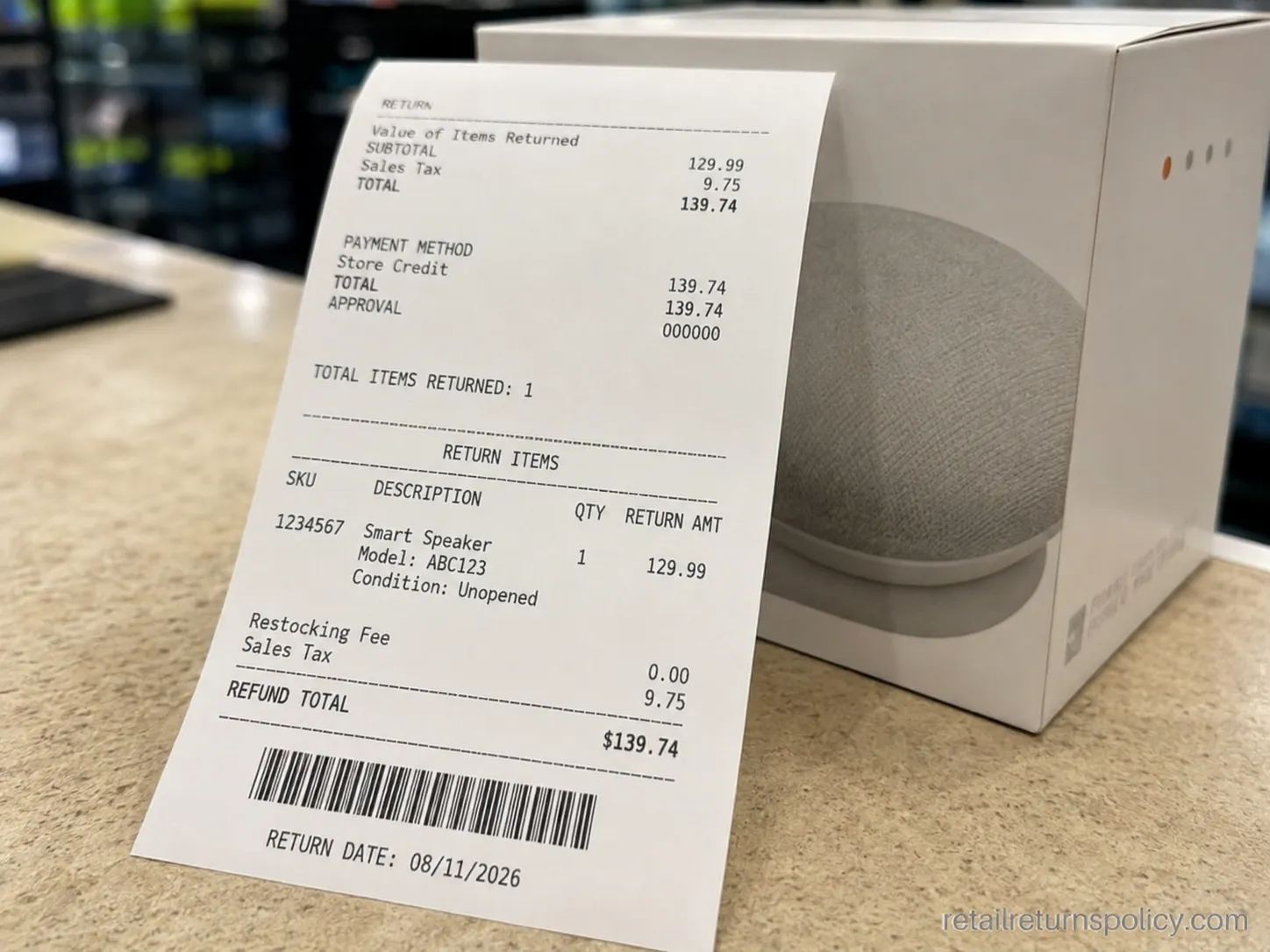 Best Buy return receipt showing a $0.00 restocking fee on an unopened smart speaker return