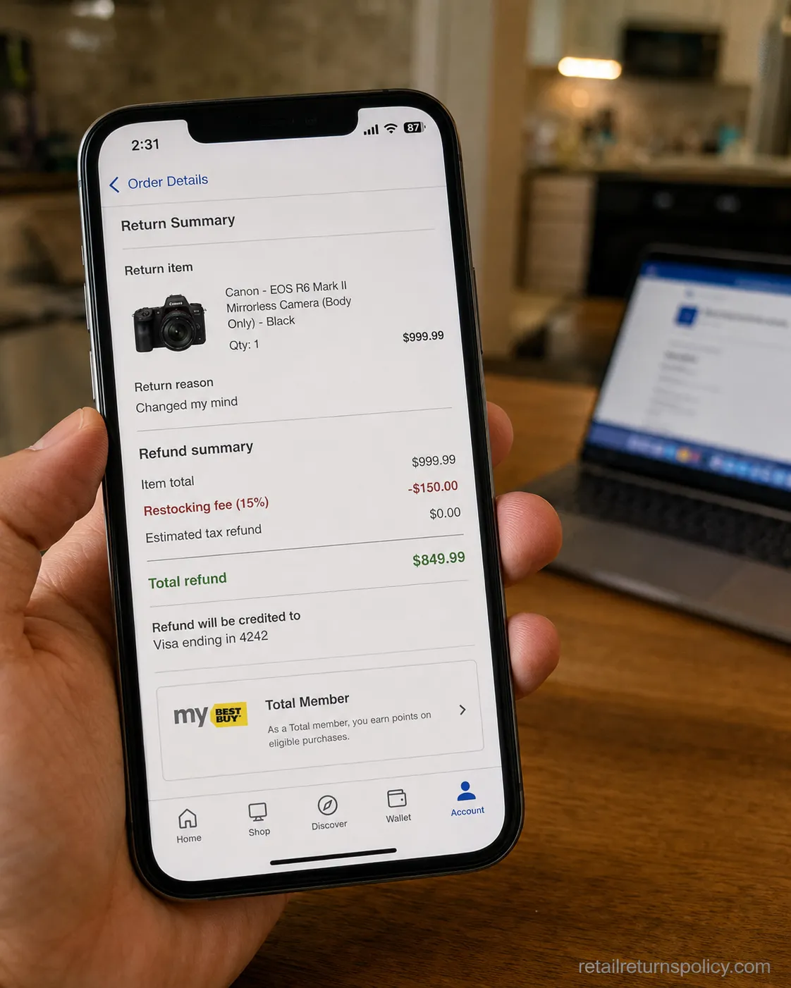 My Best Buy Total member return screen showing a 15% restocking fee deducted from a camera refund