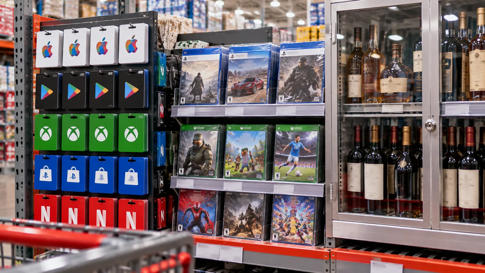 Warehouse club shelf of non-returnable items including gift cards and alcohol