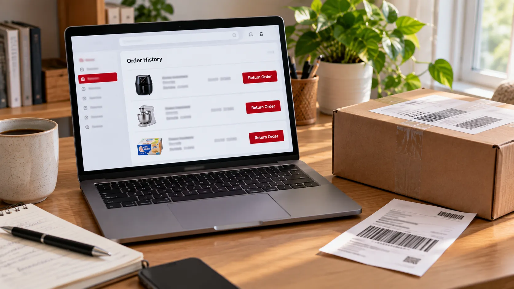 BJs.com Order History return step with a boxed item and prepaid label