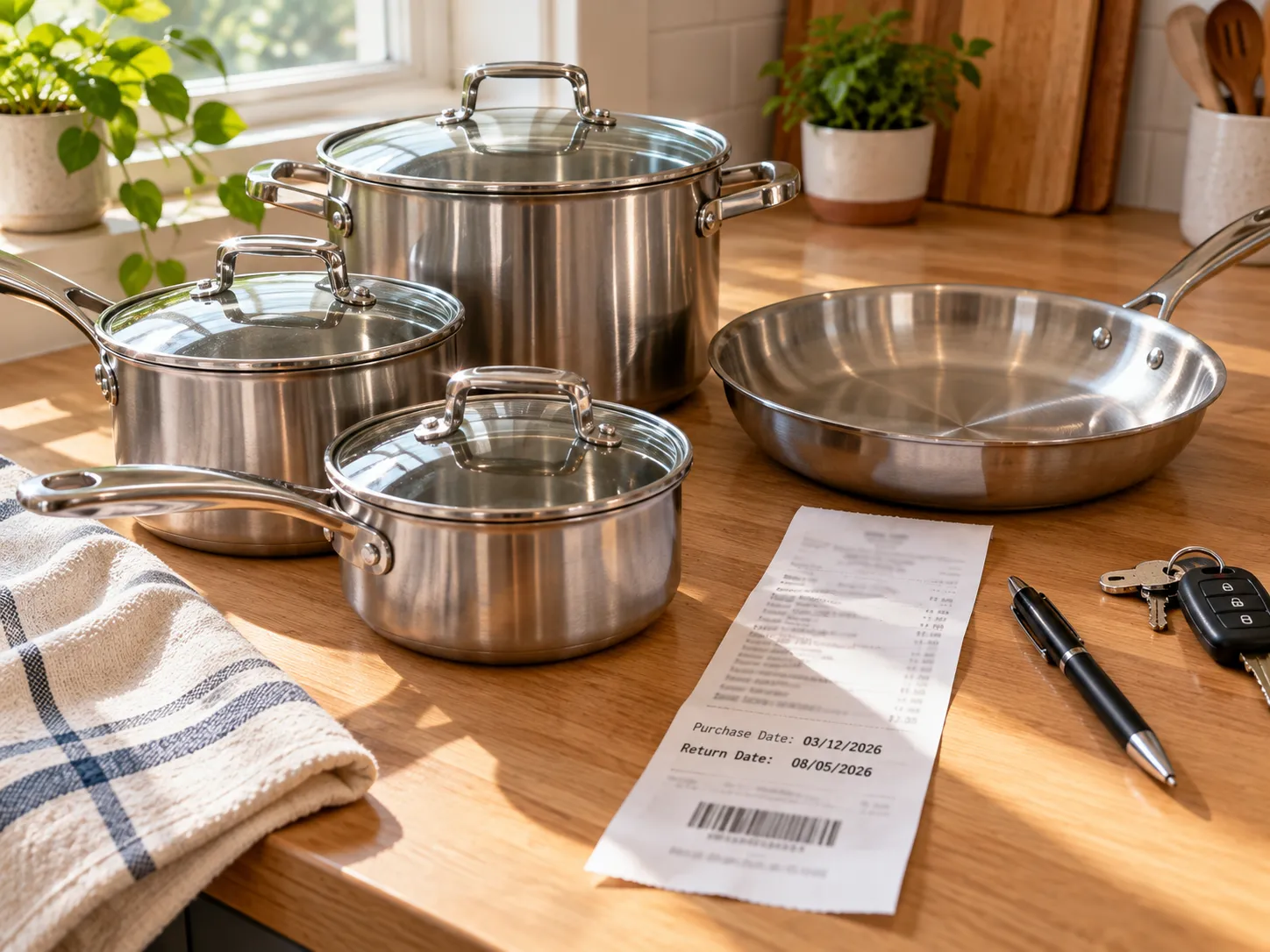 Cookware set beside a dated BJ’s receipt showing a return inside the 365-day window