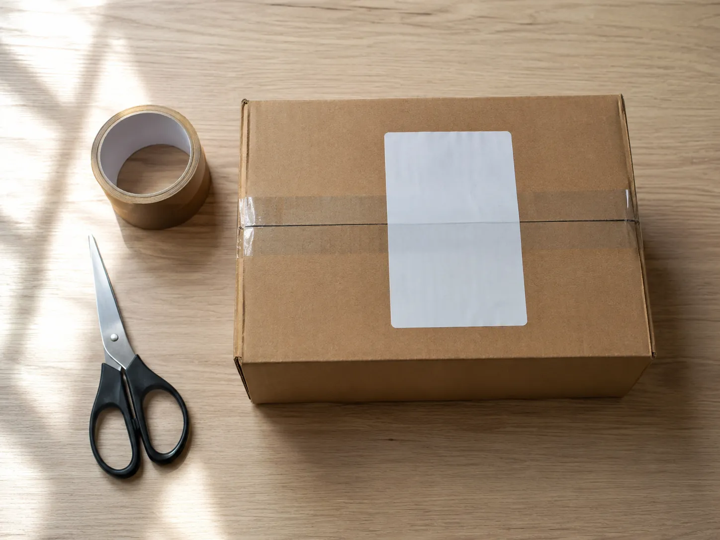 Photorealistic overhead view of a sealed brown cardboard shipping box with a blank white shipping label on a light wooden table, alongside packing tape and scissors, prepared for FedEx drop-off in May