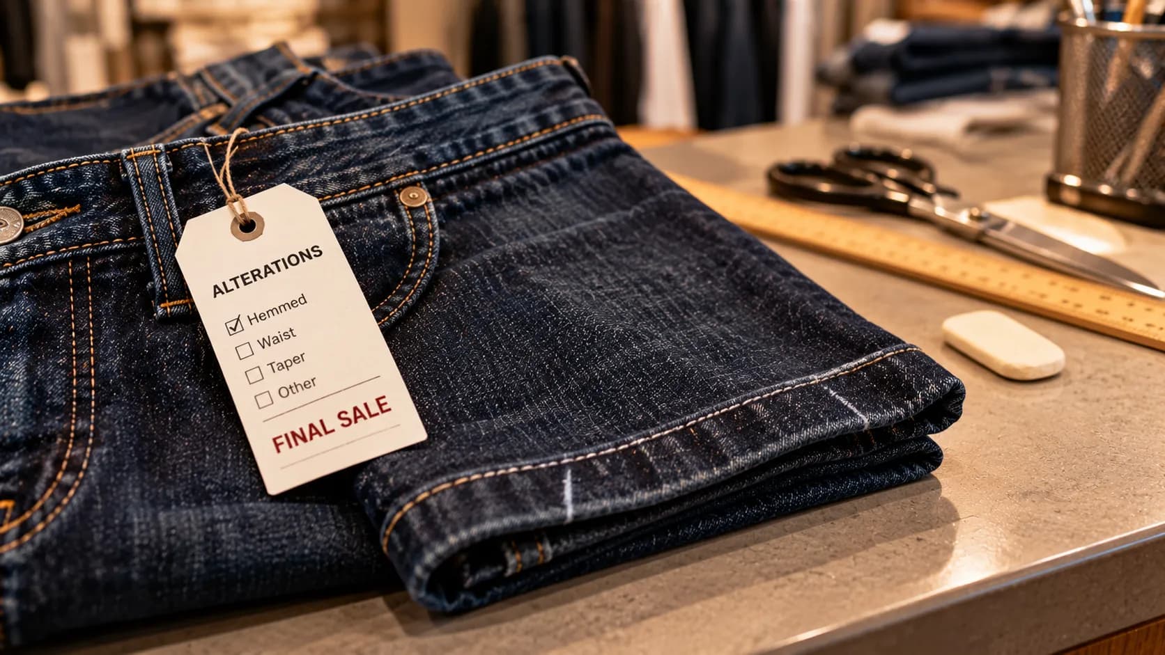 Hemmed Buckle jeans with an alteration tag marking them final sale