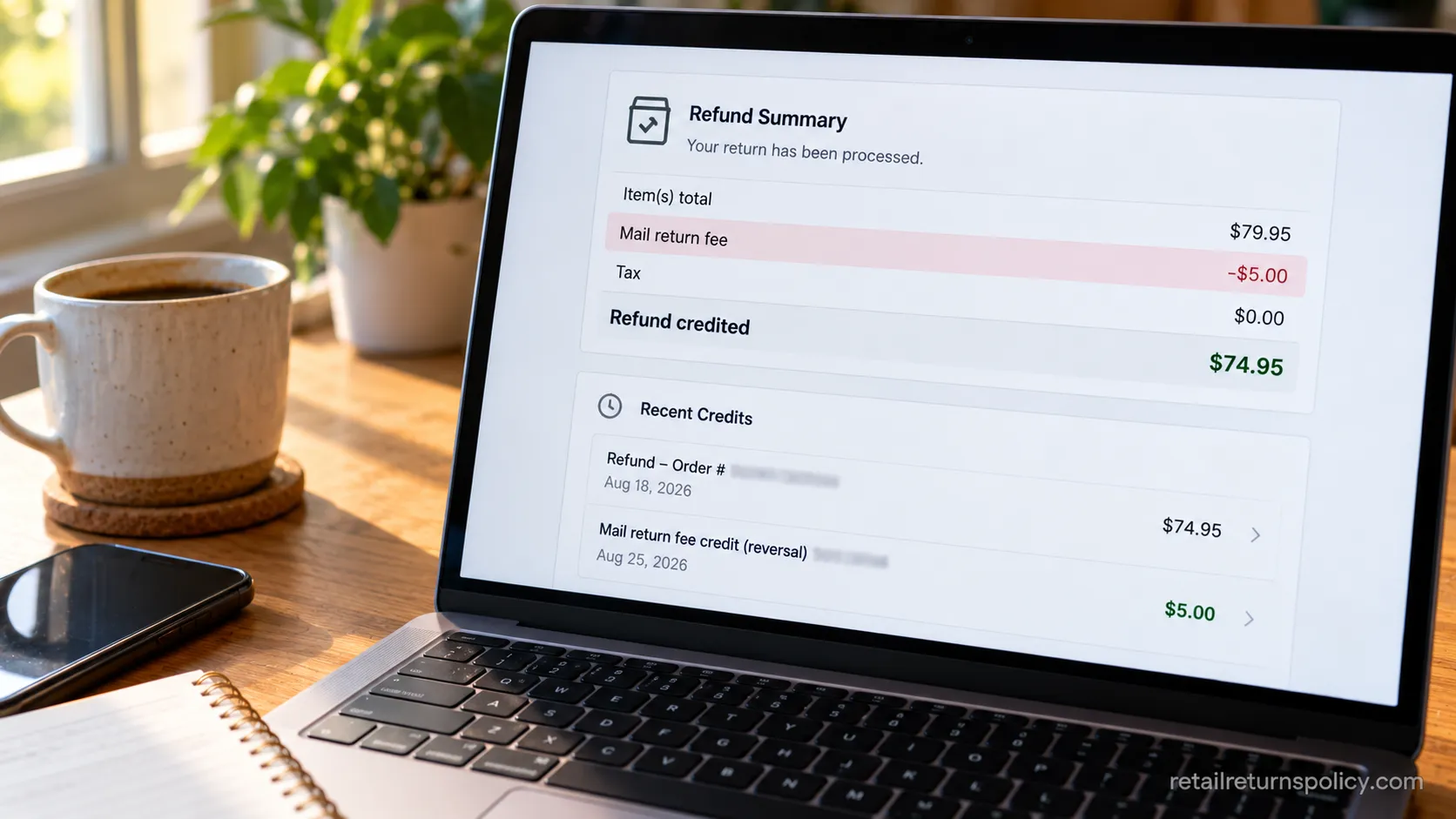 Buckle online refund breakdown screenshot showing the $5 mail return fee deducted