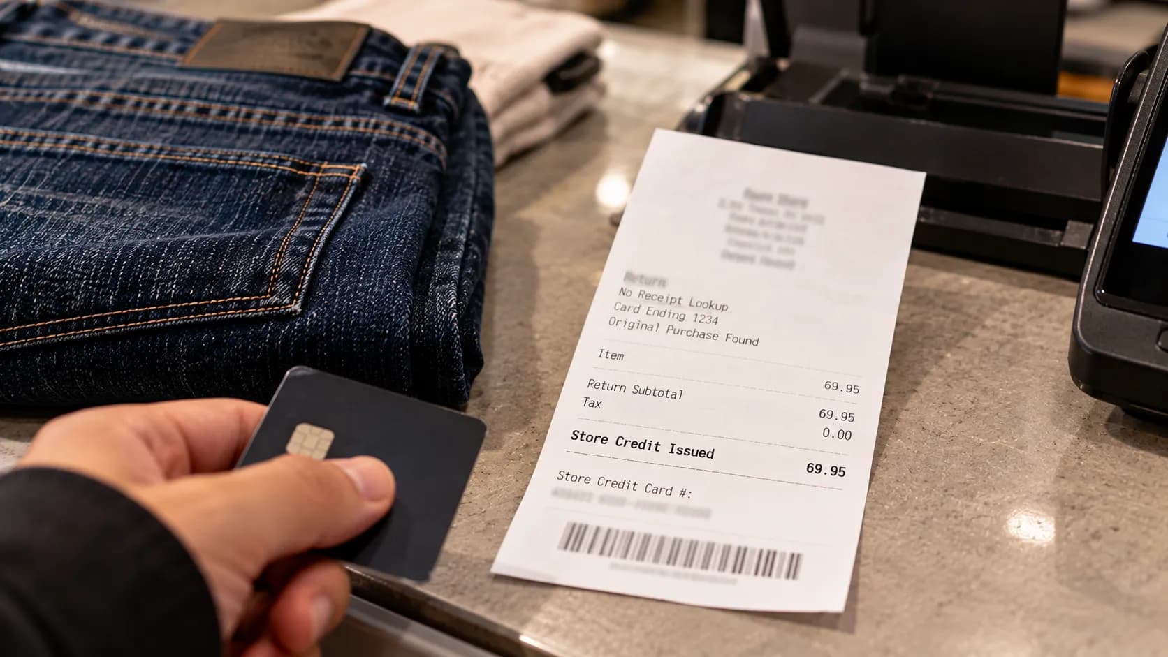 Buckle store-credit slip from a no-receipt return recovered by the payment card