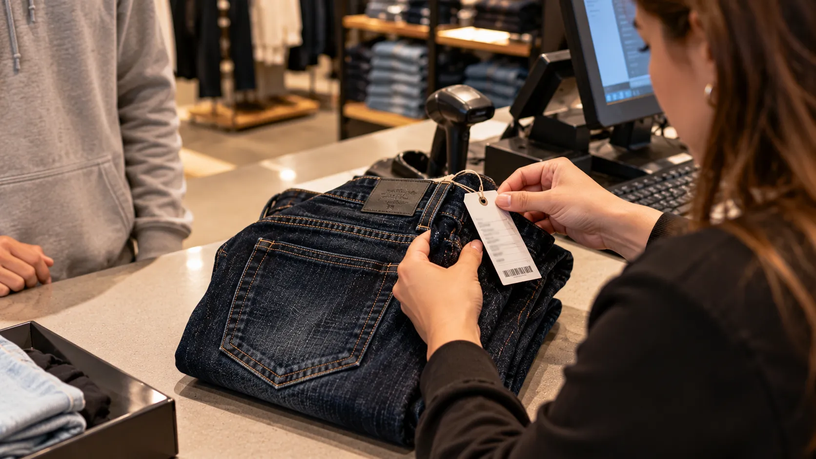 Buckle associate inspecting jeans with tags attached during an in-store return